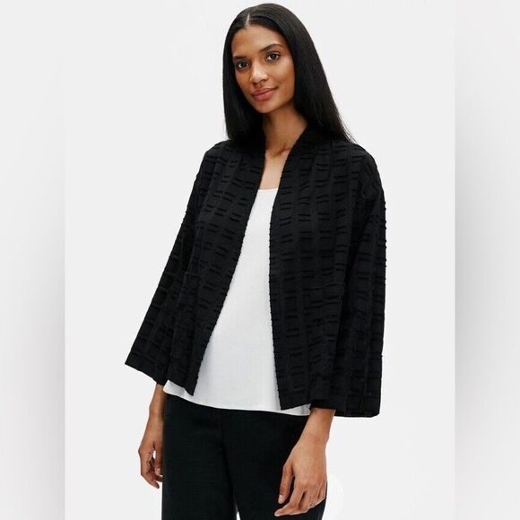Eileen Fisher Black Textured Kimono Jacket, Size Petite Small - Picture 5 of 10